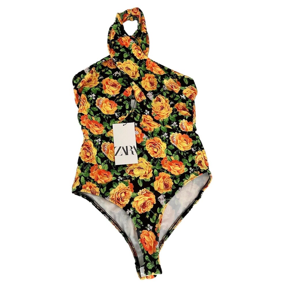 Zara Halter Top Bodysuit Size Small S Black Yellow Green Floral Twist Neck